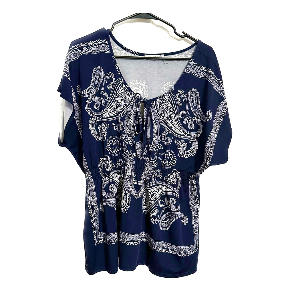Blue V Neck Elastic Blouse Large